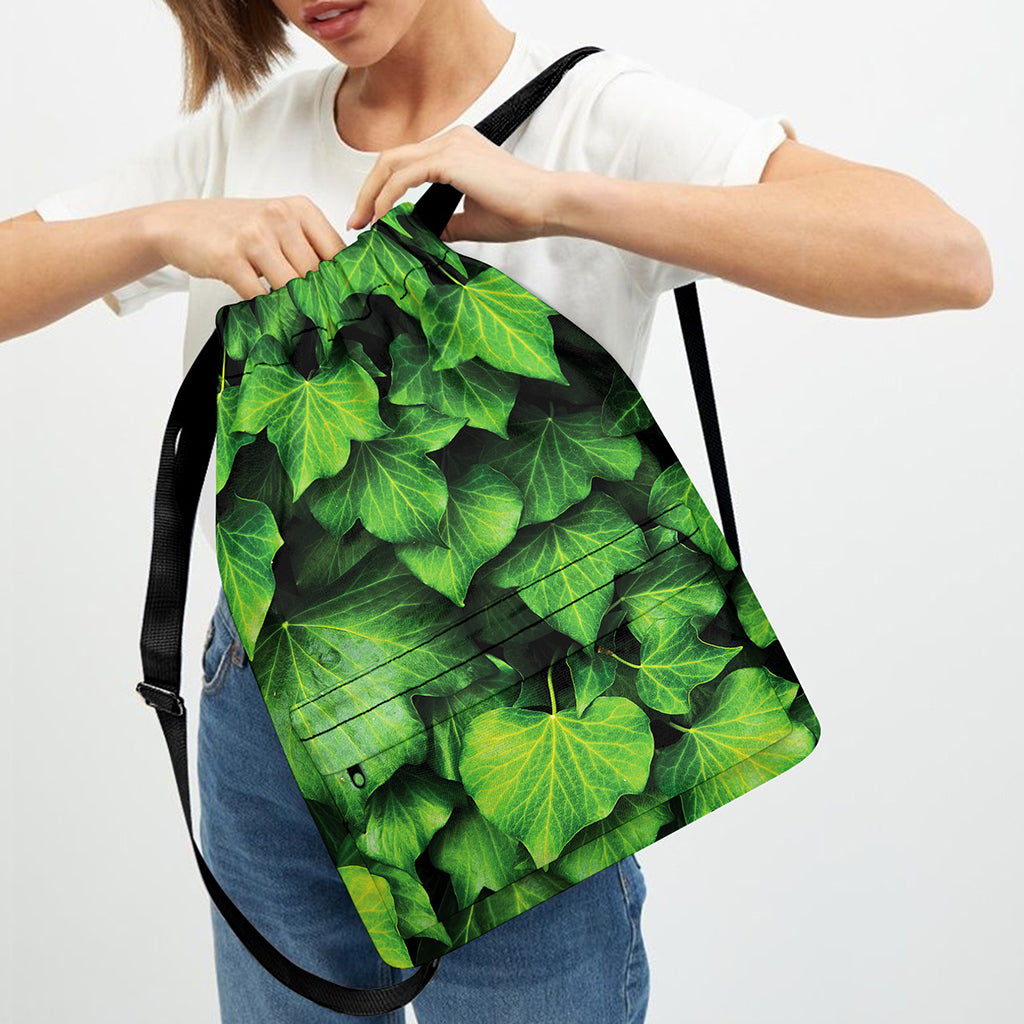 Green Ivy Leaf Print Drawstring Backpack