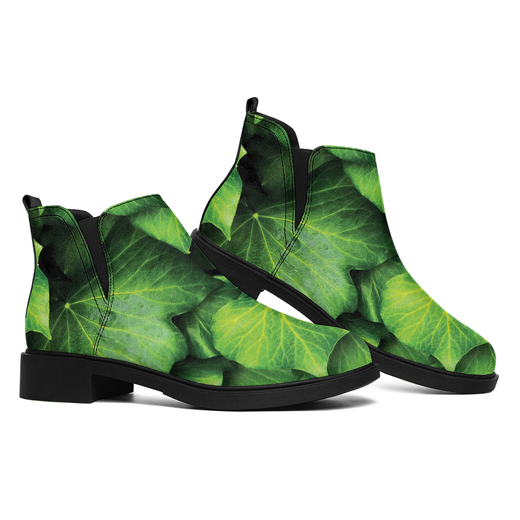 Green Ivy Leaf Print Flat Ankle Boots