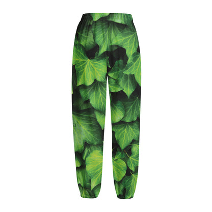 Green Ivy Leaf Print Fleece Lined Knit Pants