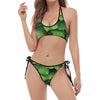 Green Ivy Leaf Print Halter Scoop Tie Side Bikini