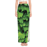 Green Ivy Leaf Print High Slit Maxi Skirt