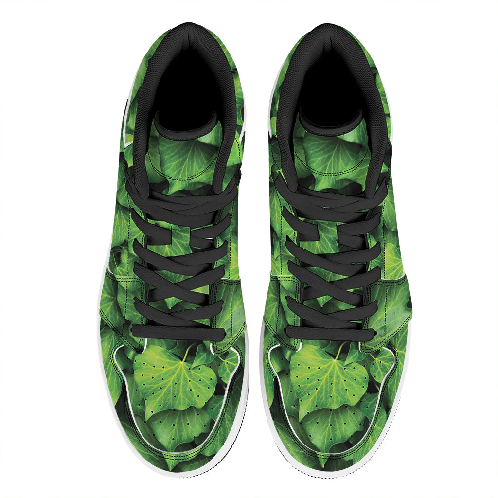 Green Ivy Leaf Print High Top Leather Sneakers