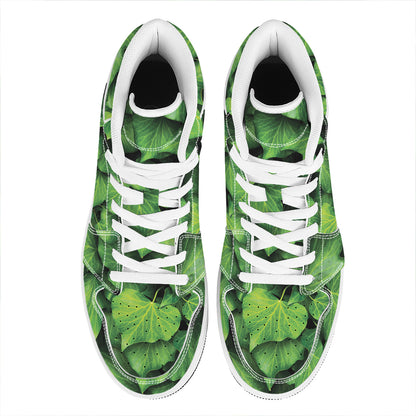 Green Ivy Leaf Print High Top Leather Sneakers