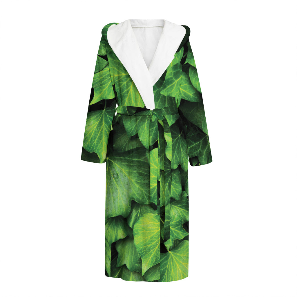 Green Ivy Leaf Print Hooded Bathrobe