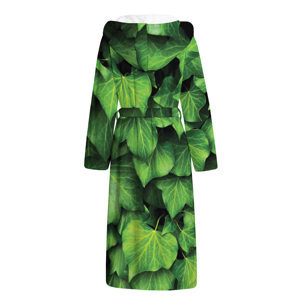 Green Ivy Leaf Print Hooded Bathrobe