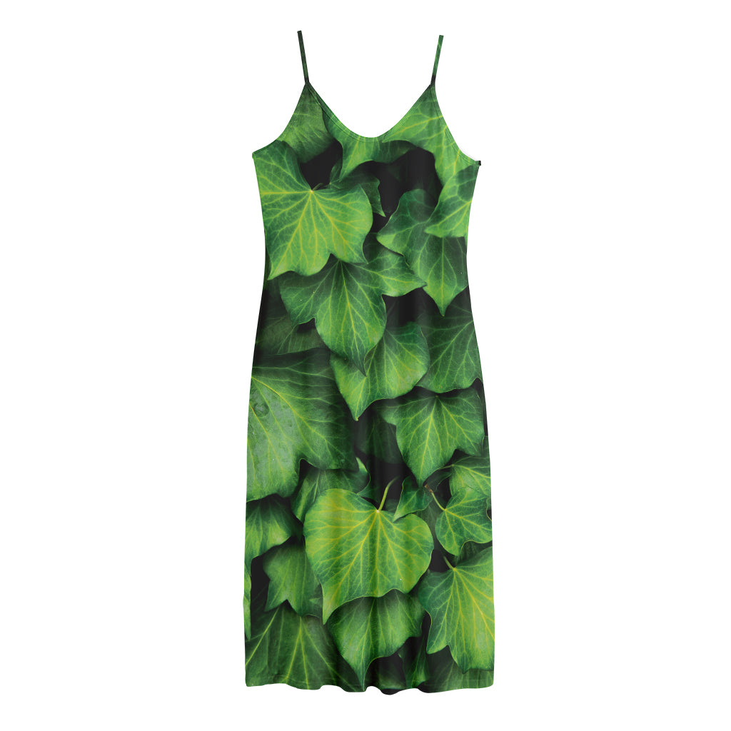 Green Ivy Leaf Print Jersey Midi Cami Dress