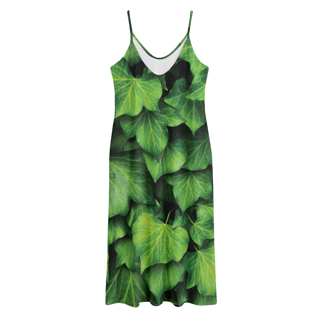 Green Ivy Leaf Print Jersey Midi Cami Dress