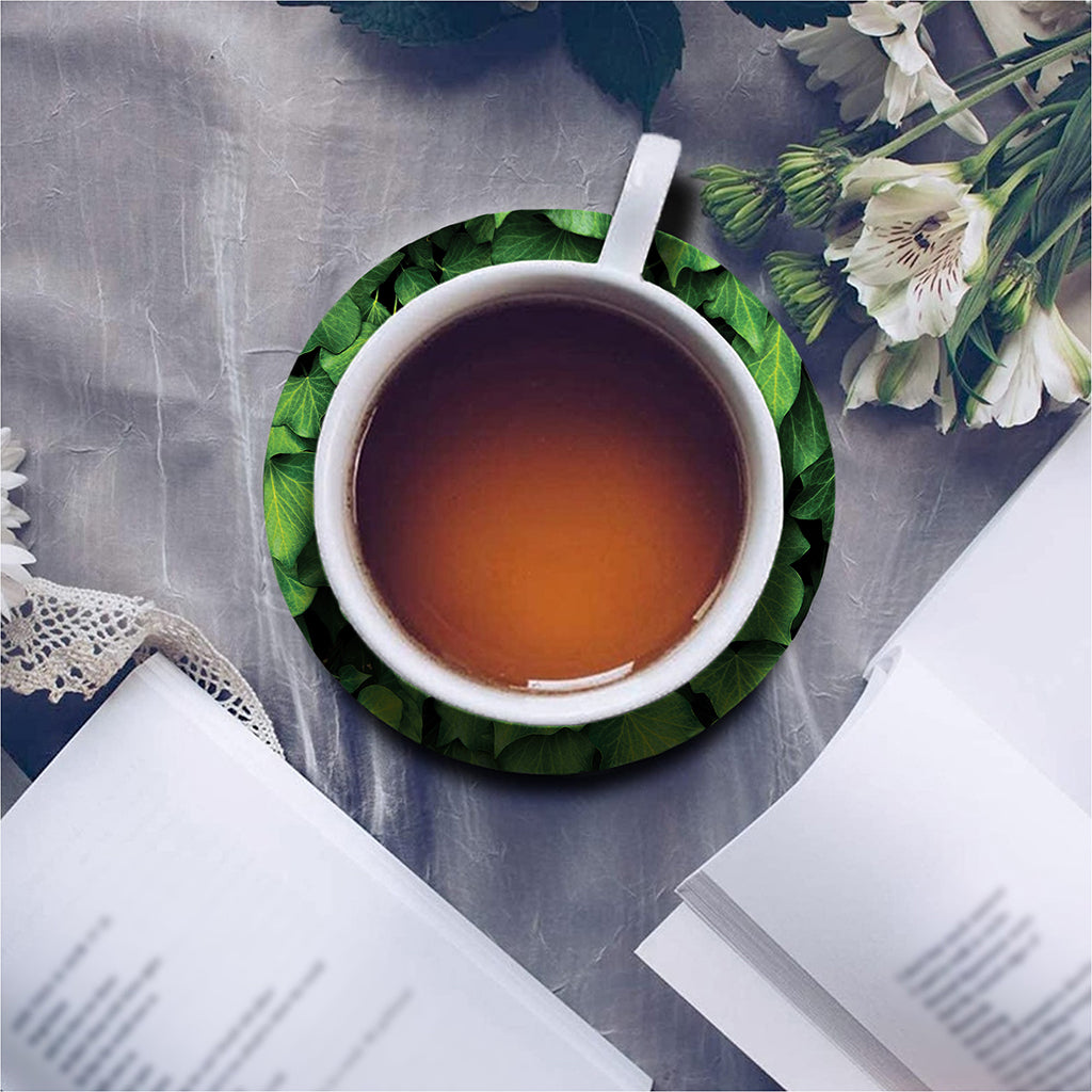 Green Ivy Leaf Print Leather Coaster Set