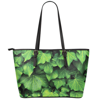 Green Ivy Leaf Print Leather Tote Bag