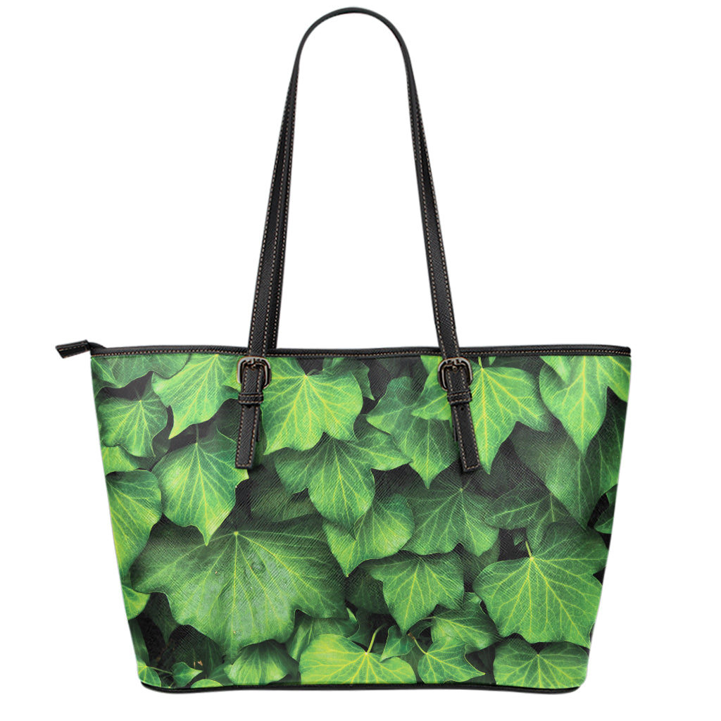 Green Ivy Leaf Print Leather Tote Bag