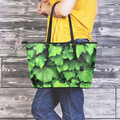 Green Ivy Leaf Print Leather Tote Bag