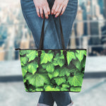 Green Ivy Leaf Print Leather Tote Bag