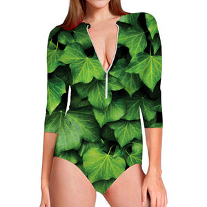 Green Ivy Leaf Print Long Sleeve Swimsuit