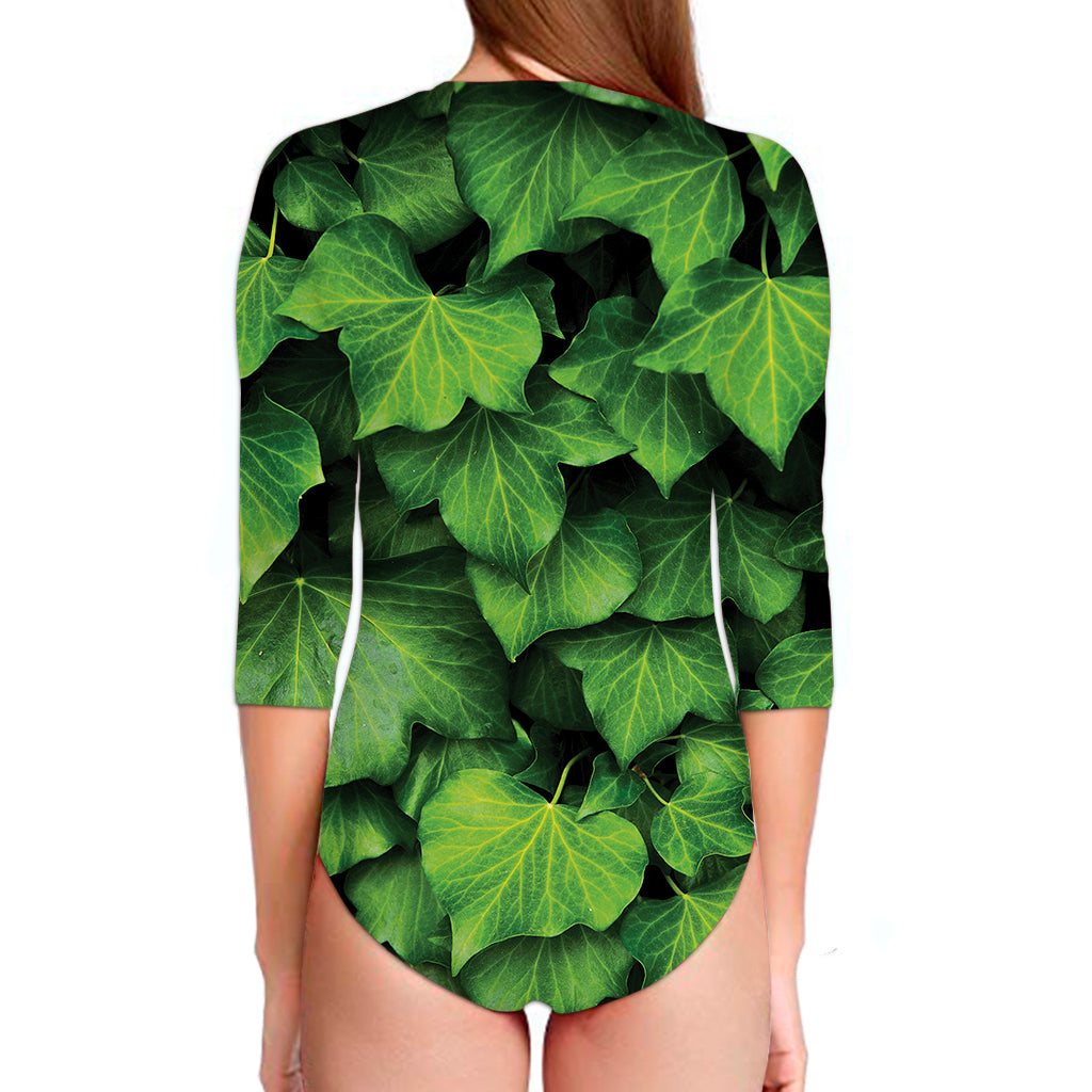 Green Ivy Leaf Print Long Sleeve Swimsuit