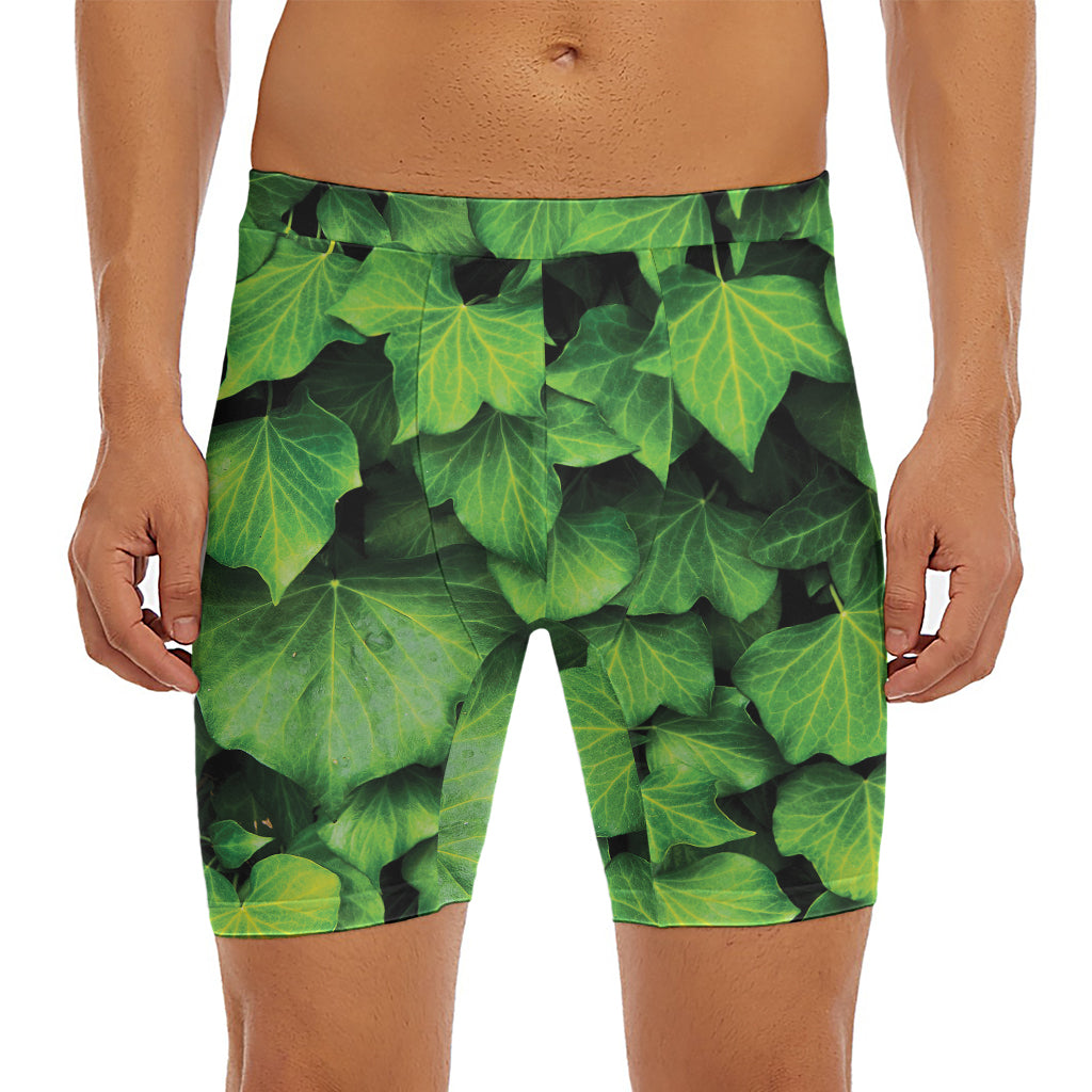 Green Ivy Leaf Print Men's Long Boxer Briefs