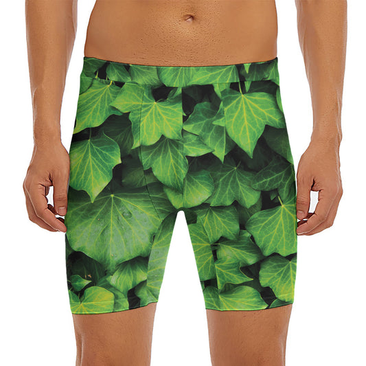 Green Ivy Leaf Print Men's Long Boxer Briefs