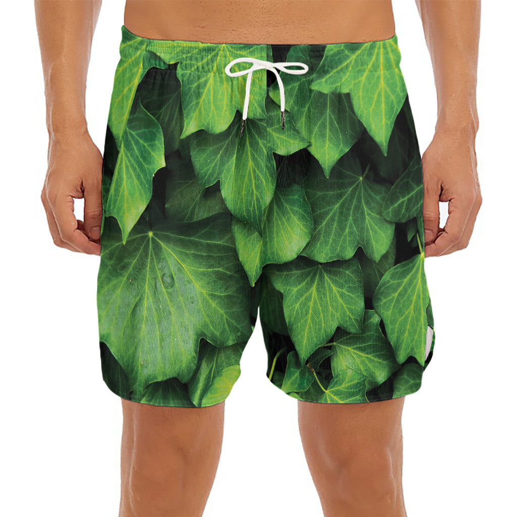 Green Ivy Leaf Print Men's Split Running Shorts