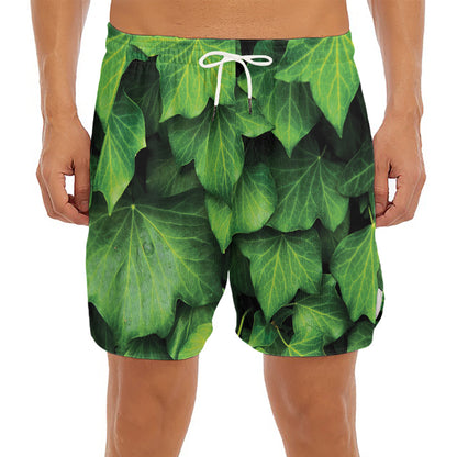 Green Ivy Leaf Print Men's Split Running Shorts
