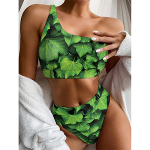 Green Ivy Leaf Print One Shoulder Bikini Top