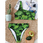 Green Ivy Leaf Print One Shoulder Bikini Top