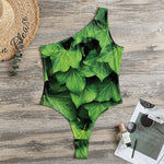 Green Ivy Leaf Print One Shoulder Bodysuit