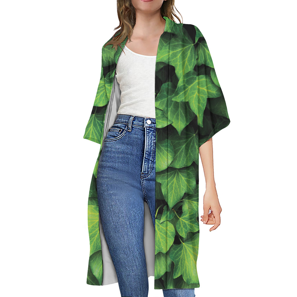 Green Ivy Leaf Print Open Front Beach Cover Up