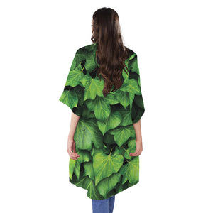 Green Ivy Leaf Print Open Front Beach Cover Up