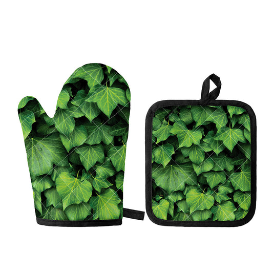 Green Ivy Leaf Print Oven Mitt And Pot Holder Set