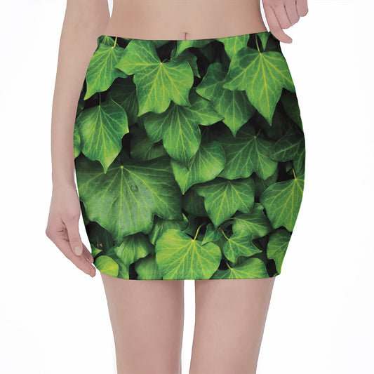 Green Ivy Leaf Print Pencil Mini Skirt