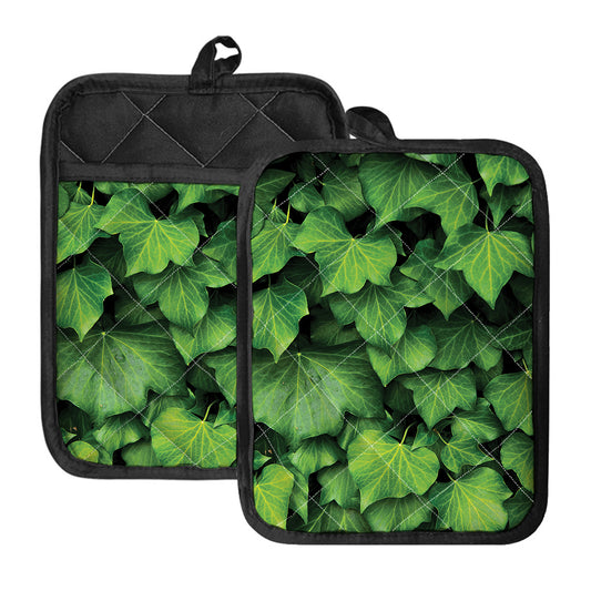 Green Ivy Leaf Print Pot Holders With Pocket
