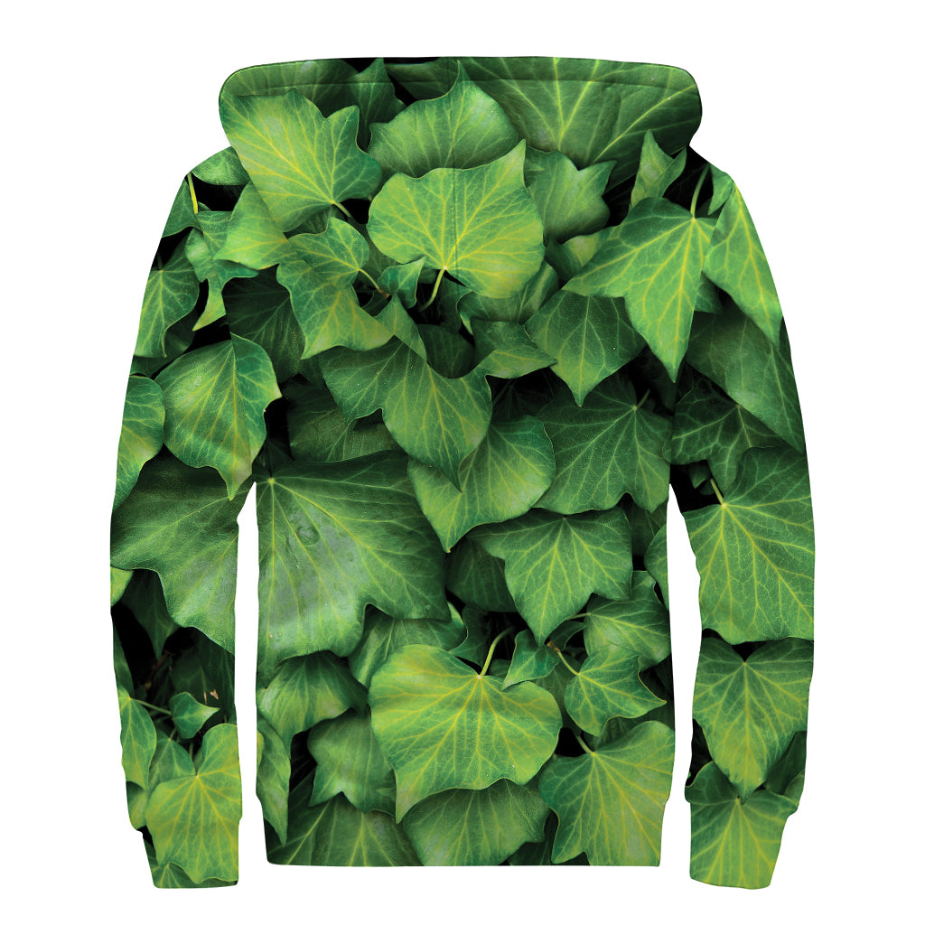 Green Ivy Leaf Print Sherpa Lined Zip Up Hoodie