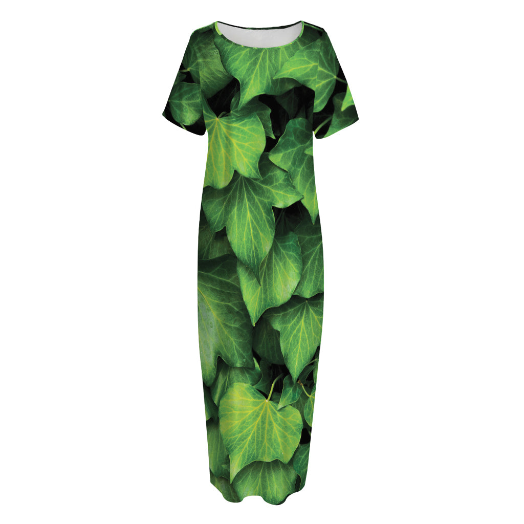 Green Ivy Leaf Print Short Sleeve Long Nightdress