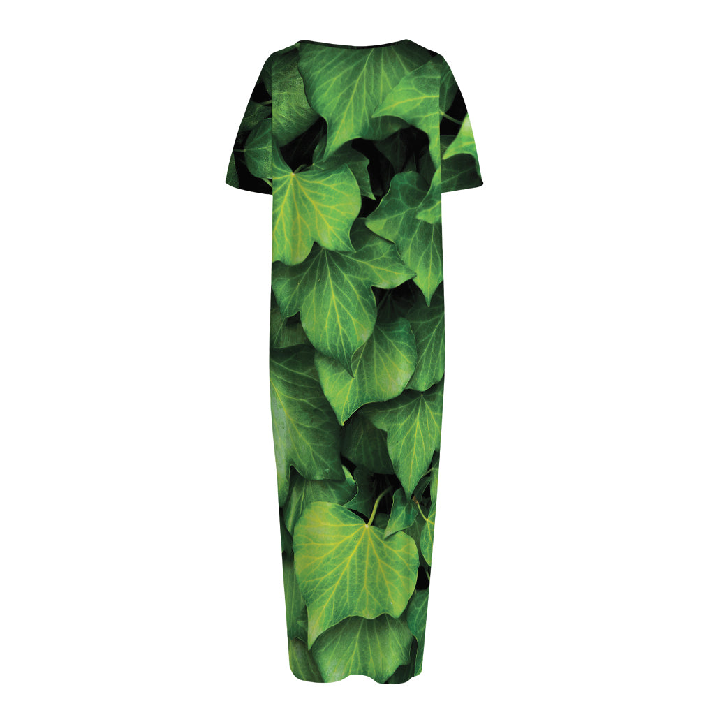 Green Ivy Leaf Print Short Sleeve Long Nightdress