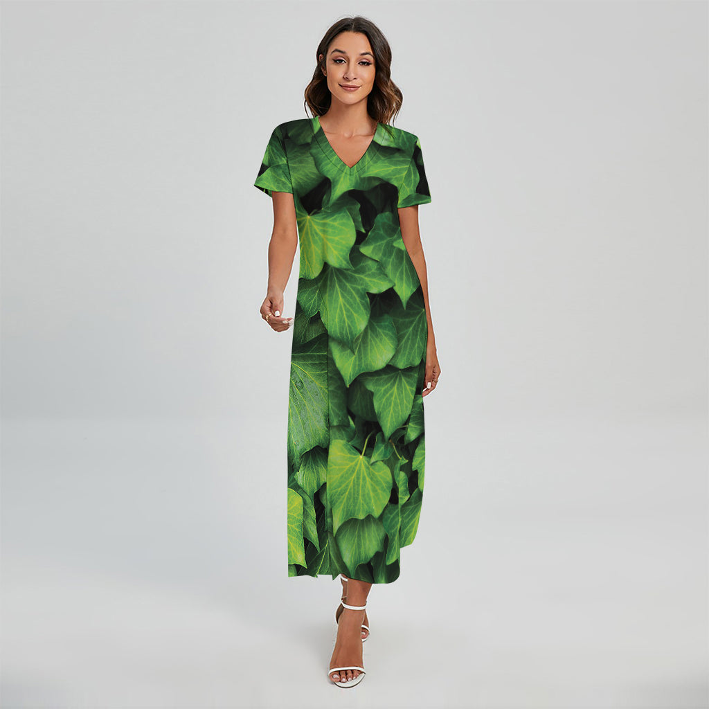 Green Ivy Leaf Print Short Sleeve Maxi Dress