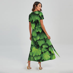 Green Ivy Leaf Print Short Sleeve Maxi Dress