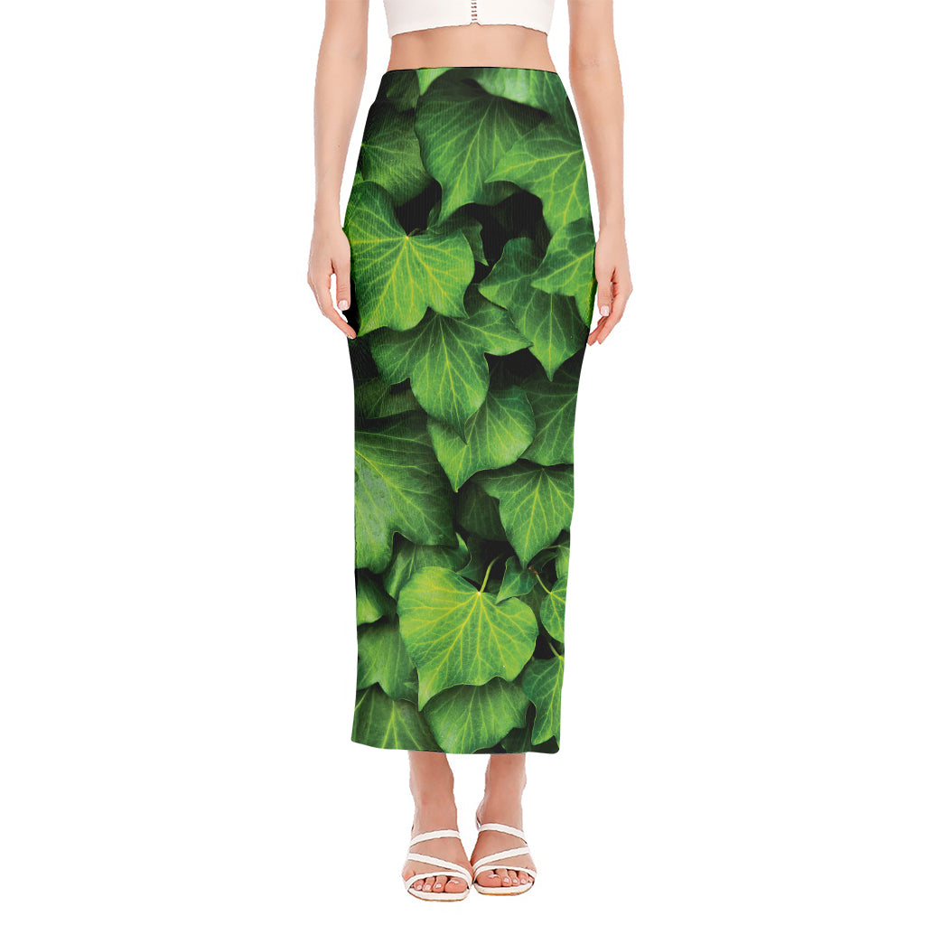 Green Ivy Leaf Print Side Slit Maxi Skirt