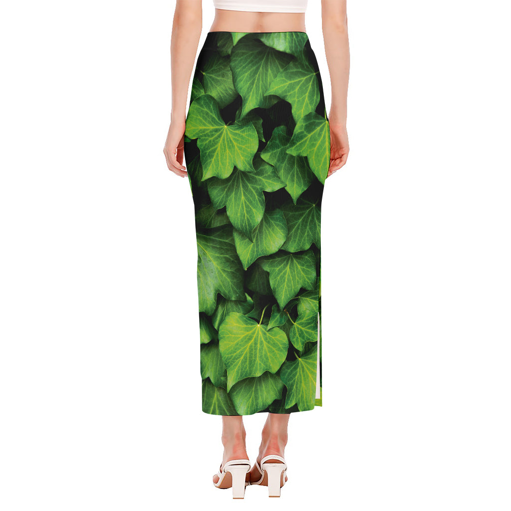 Green Ivy Leaf Print Side Slit Maxi Skirt