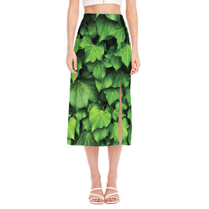 Green Ivy Leaf Print Side Slit Midi Skirt