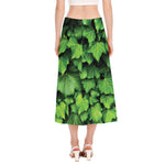 Green Ivy Leaf Print Side Slit Midi Skirt