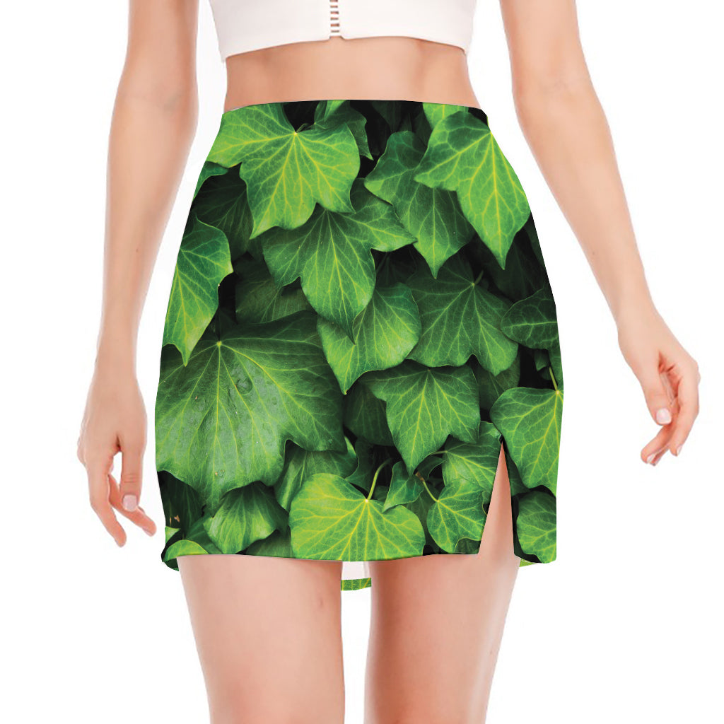 Green Ivy Leaf Print Side Slit Mini Skirt