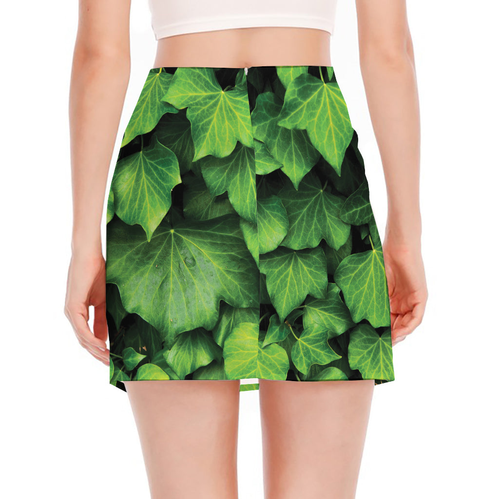 Green Ivy Leaf Print Side Slit Mini Skirt