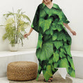 Green Ivy Leaf Print Silk V-Neck Kaftan Dress