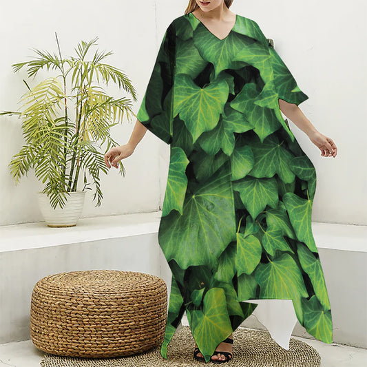 Green Ivy Leaf Print Silk V-Neck Kaftan Dress