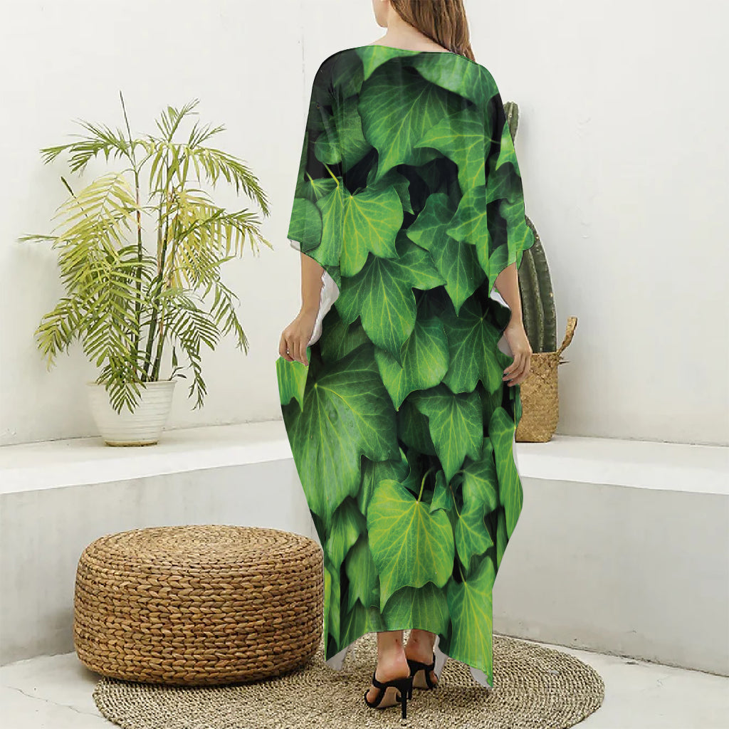 Green Ivy Leaf Print Silk V-Neck Kaftan Dress
