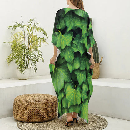 Green Ivy Leaf Print Silk V-Neck Kaftan Dress