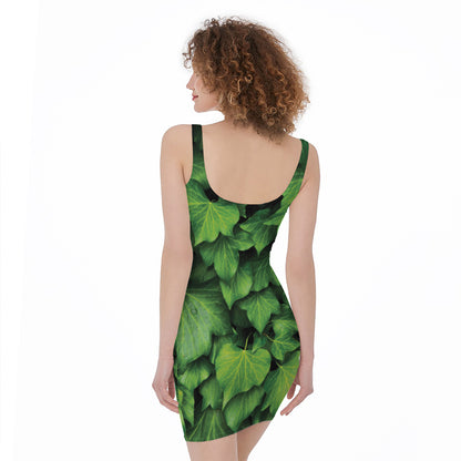 Green Ivy Leaf Print Sleeveless Bodycon Dress