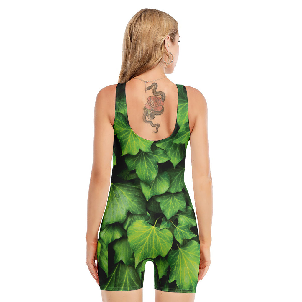 Green Ivy Leaf Print Sleeveless One Piece Swimsuit