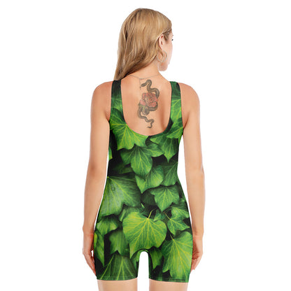 Green Ivy Leaf Print Sleeveless One Piece Swimsuit
