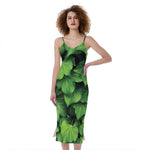 Green Ivy Leaf Print Slim Fit Midi Cami Dress