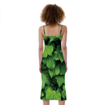 Green Ivy Leaf Print Slim Fit Midi Cami Dress